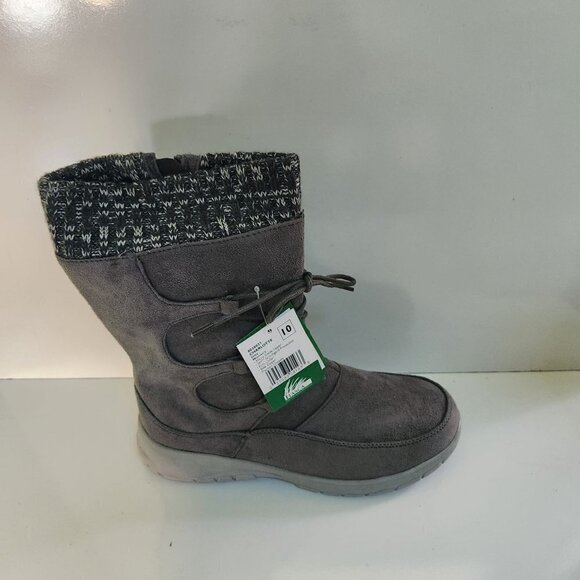 Itasca NIB Charlotte Gray Faux Suede Knit Bungee Detail Mid Calf Boots Size 10 - Picture 2 of 11